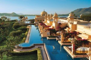 Sunrise over the deluxe rooms with semi private pool at the ultra luxurious Udaivilâs Oberoi Hotel. Udaipur. This hotel has been voted the 3rd best hotel in the world by Travel and Leisure Magazine. India.